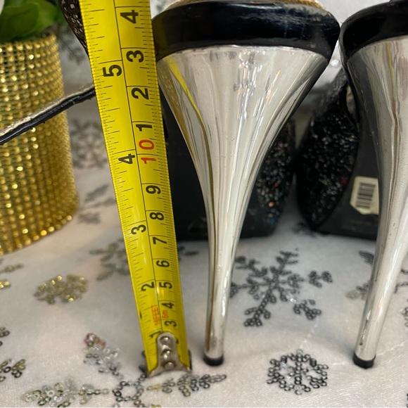 Deb Glitter Black & Silver Peep Toe Platform Heels Ankle Strap Sandals Sz 8 - Picture 7 of 14